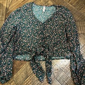Xhilaration Long Sleeve Button Up Crop Top with Tie Detail